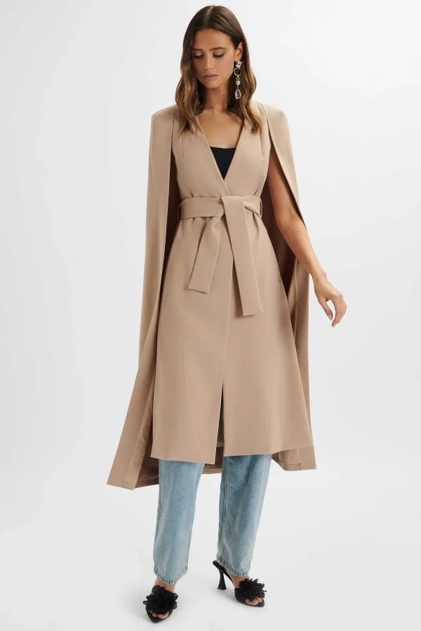 Fashion Lavish Alice Alexia Longline Belted Cape Blazer In Camel