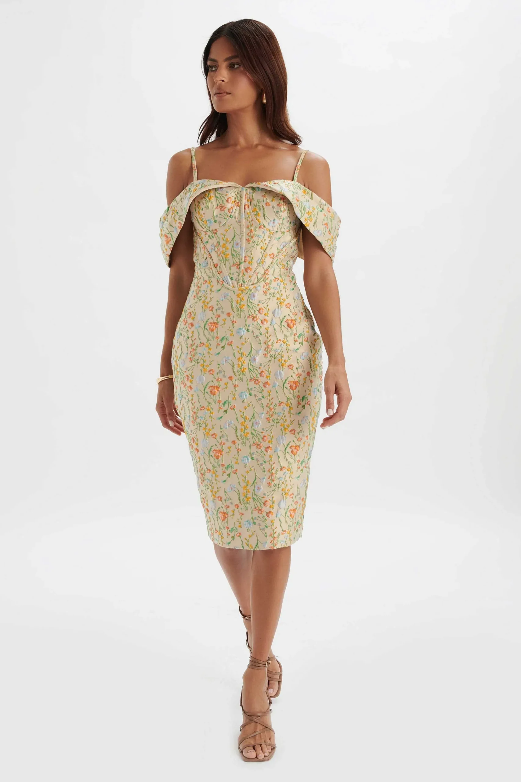 amia_bardot_sleeve_midi_d_0.webp Clearance Lavish Alice Amia Bardot Sleeve Midi Dress In Floral Jacquard