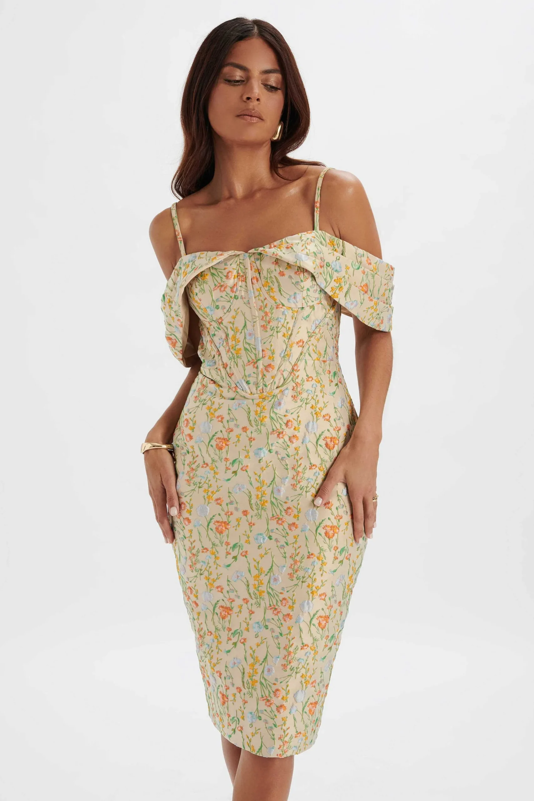 amia_bardot_sleeve_midi_d_3.webp Clearance Lavish Alice Amia Bardot Sleeve Midi Dress In Floral Jacquard