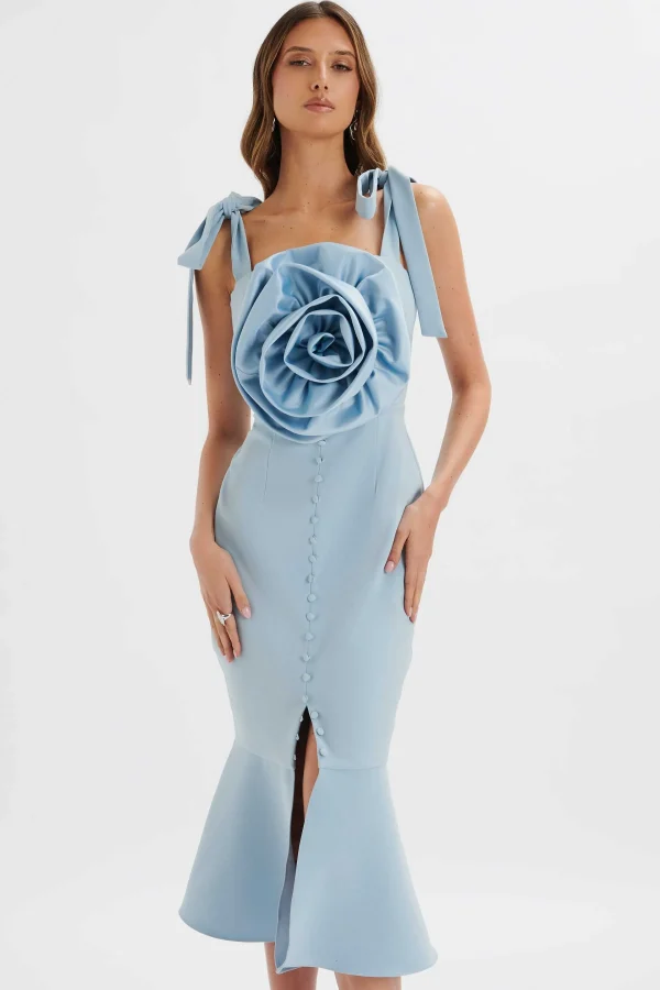 Cheap Lavish Alice August Flower Detail Tie Strap Micro Button Midi Dress In Cornflower Blue
