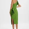 Flash Sale Lavish Alice Bloom One Shoulder Bow Detail Satin Midi Dress In Green