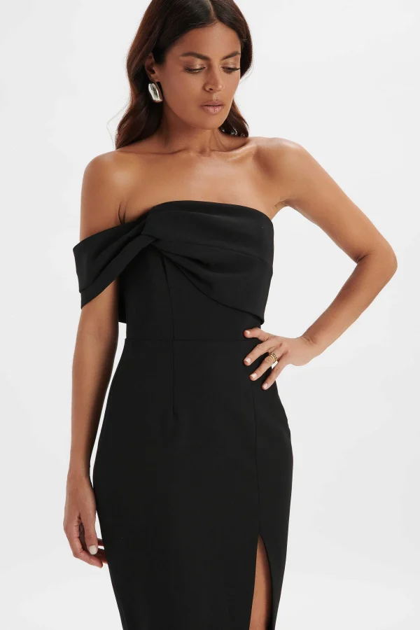 Flash Sale Lavish Alice Brie Bardot Knot Twisted One Shoulder Midi Dress In Black