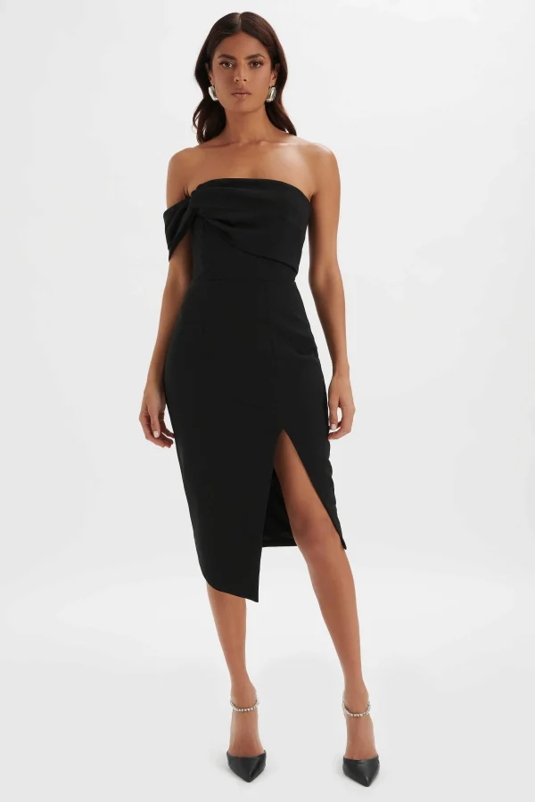 Flash Sale Lavish Alice Brie Bardot Knot Twisted One Shoulder Midi Dress In Black