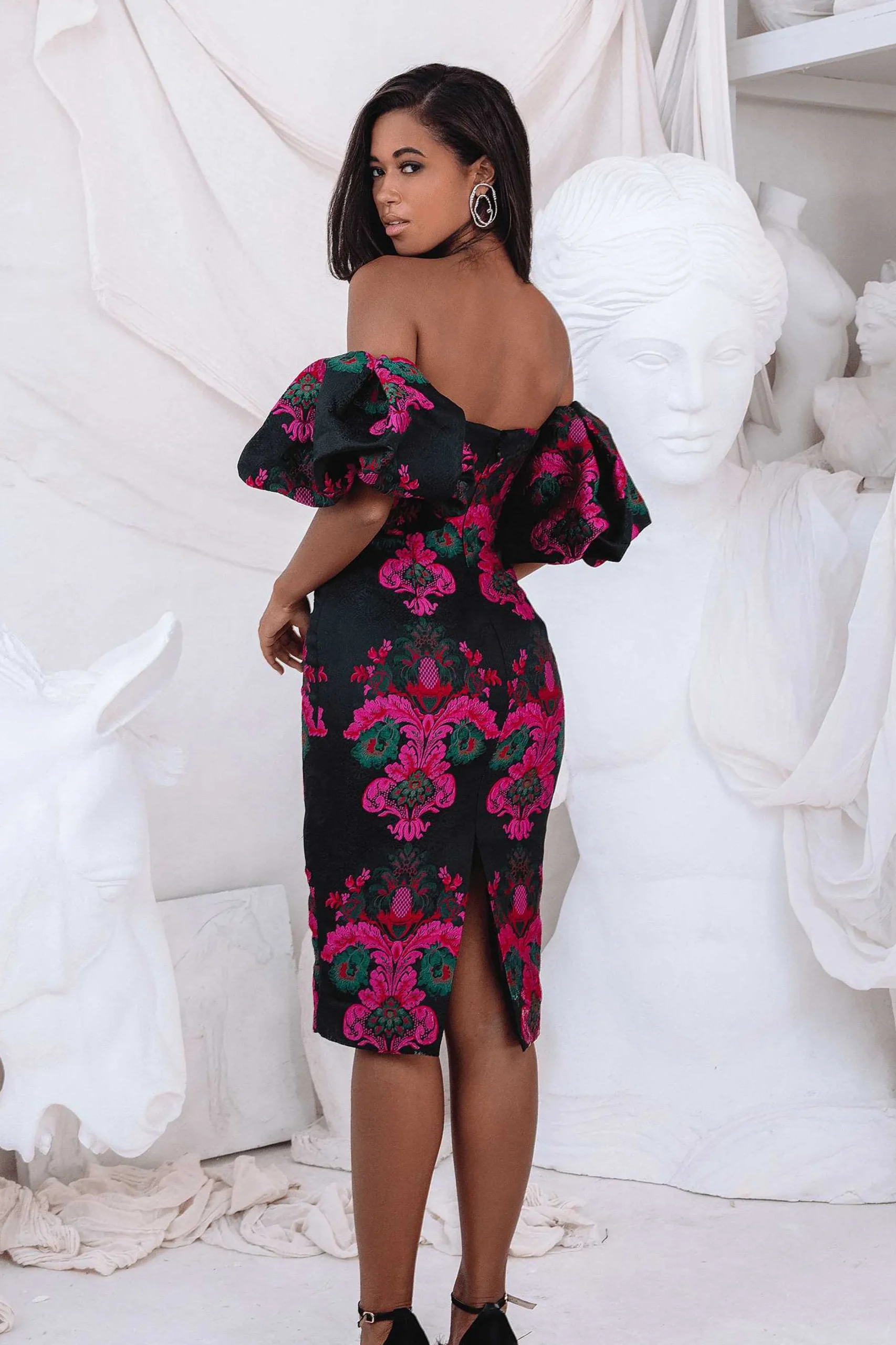 capri_jacquard_volume_sle_2.webp Store Lavish Alice Capri Jacquard Volume Sleeve Bardot Midi Dress In Black