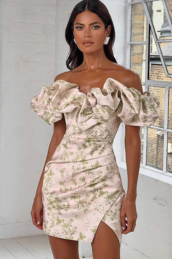 Discount Lavish Alice Carrie Bonded Satin Bardot Mini Dress In Green Porcelain Print