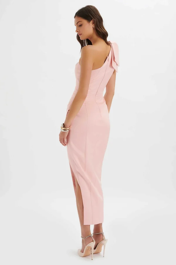 Sale Lavish Alice Cecelia Satin Bow Shoulder Wrap Dress In Dusty Pink