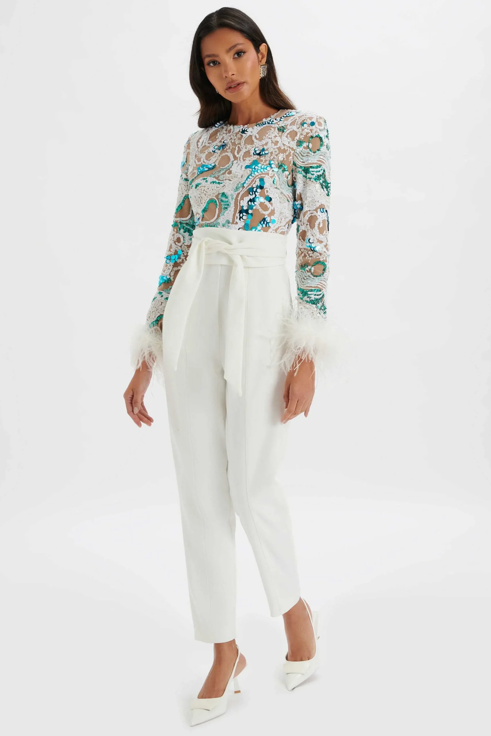 delia_embellished_feather_1-1.webp Online Lavish Alice Delia Embellished Feather Cuff Jumpsuit In White