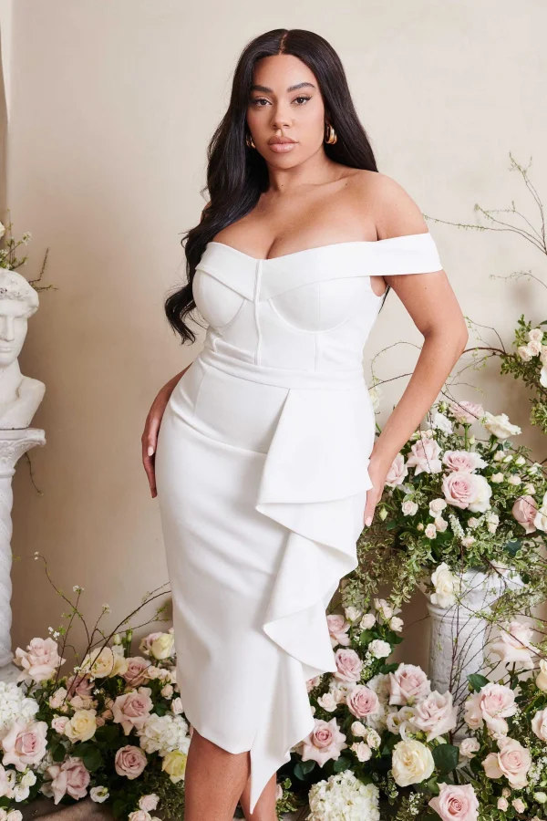 Cheap Lavish Alice Eden Curve Off Shoulder Ruffle Midi Dress In White