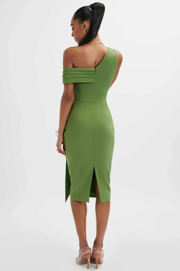 Sale Lavish Alice Hannah Pleated Asymmetric Off Shoulder Midi Dress In Green