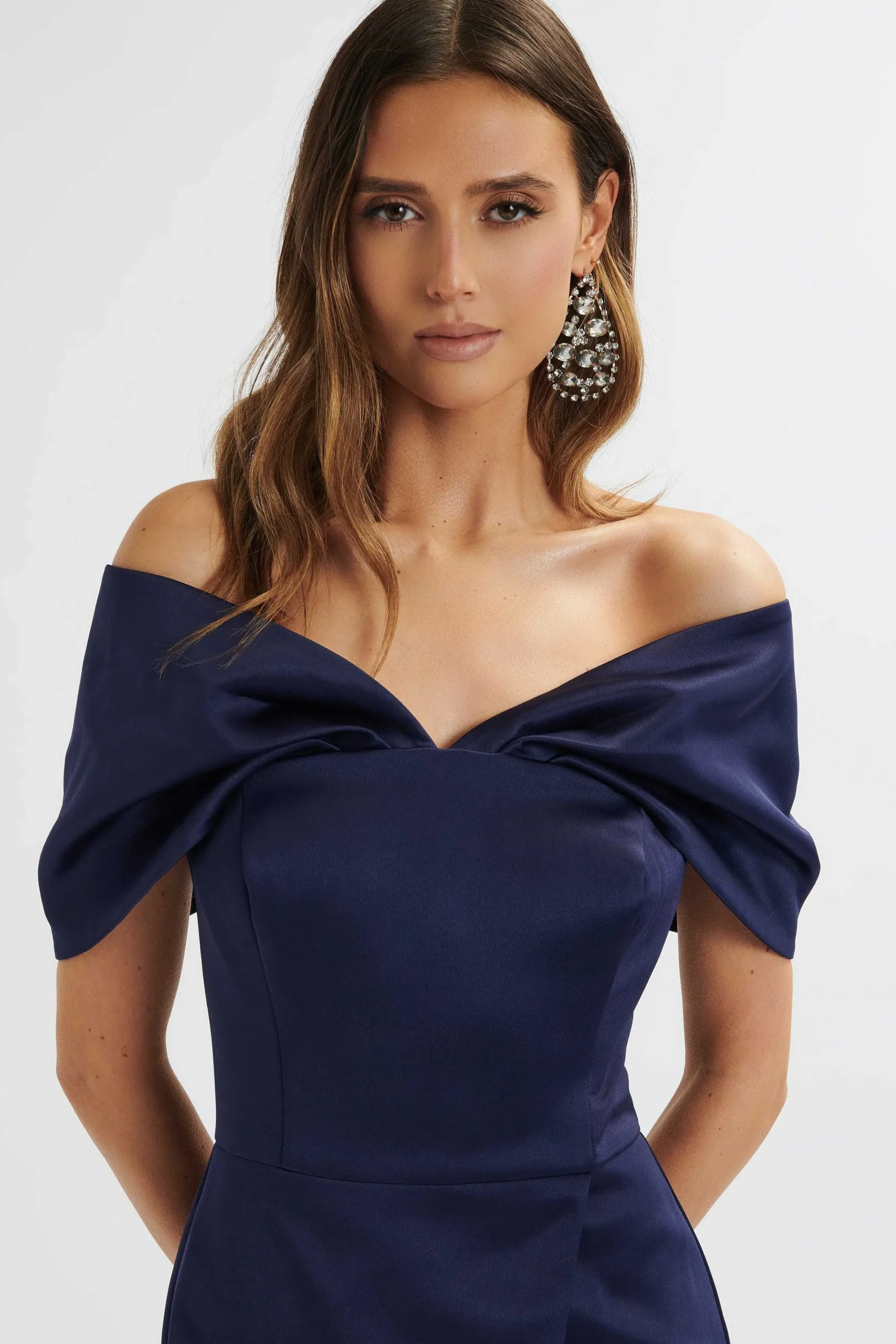 harleen_draped_bardot_bon_2-1.webp Cheap Lavish Alice Harleen Draped Bardot Bonded Satin Midi Dress In Navy