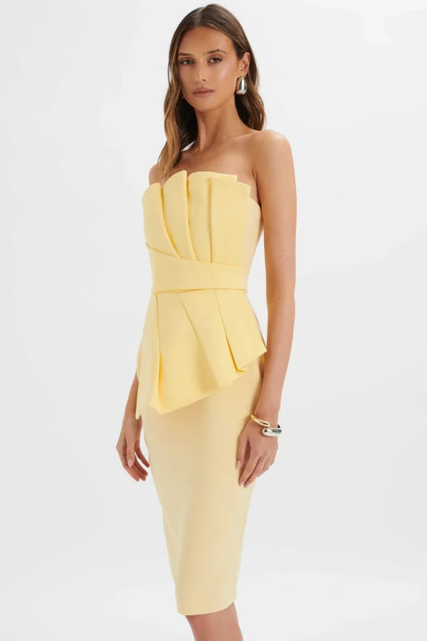 Cheap Lavish Alice Imogene Asymmetric Pleated Frill Detail Midi Dress In Butter Yellow