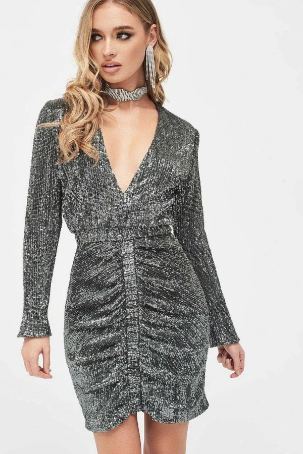 Fashion Lavish Alice Jade Ruched Sequin Mini Dress In Grey Sequin