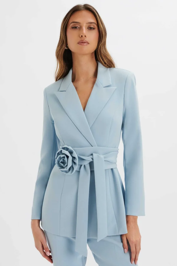 Sale Lavish Alice Jasmin Obi Belt Blazer With Flower Detail In Cornflower Blue