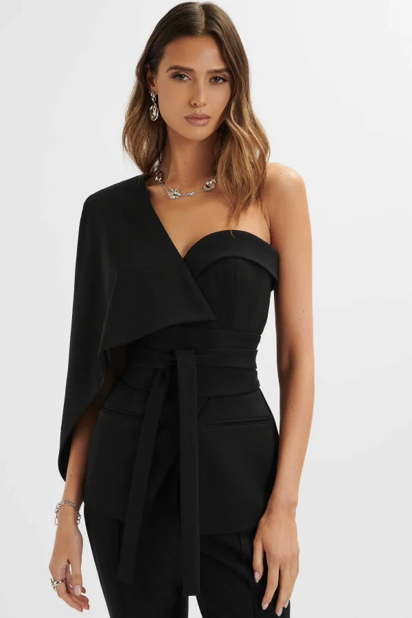 Cheap Lavish Alice Juno Obi Belted Asymmetric Cape Blazer In Black