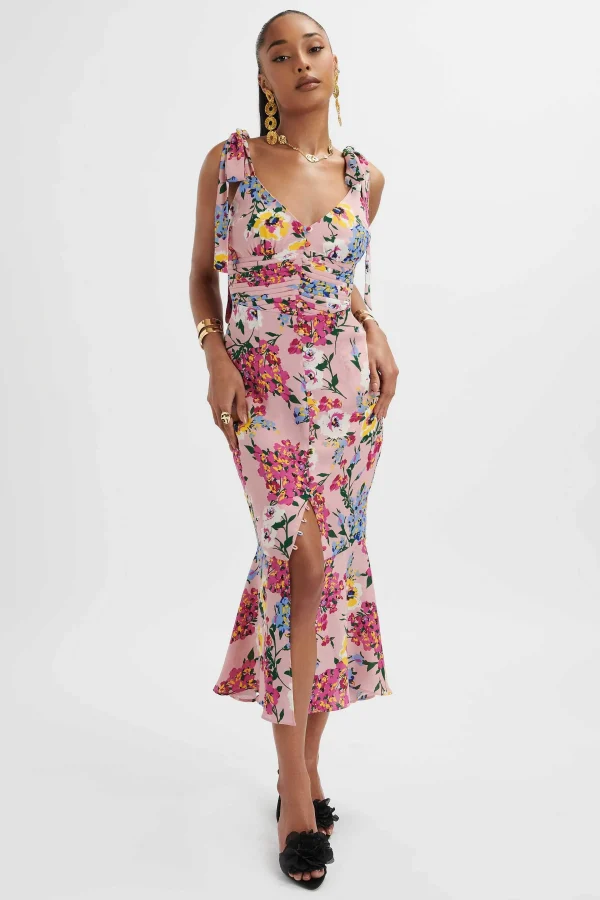 Store Lavish Alice Kamila Tie Strap Micro Button Longline Midi Dress In Pink Floral Satin
