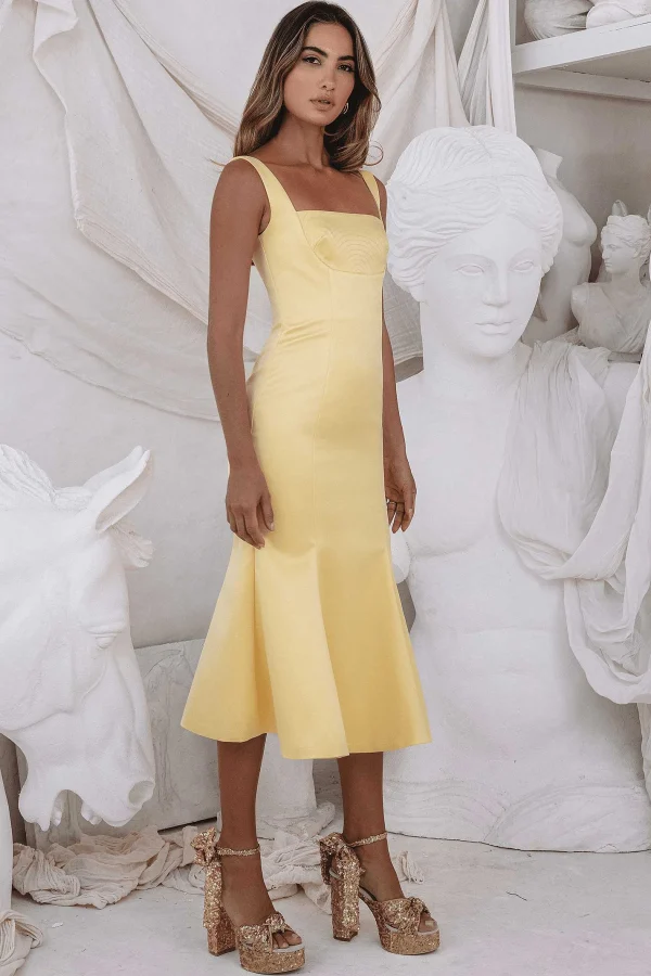 Outlet Lavish Alice Lainey Stitch Detail Midi Slip Dress In Yellow