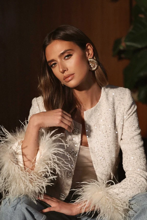 Sale Lavish Alice Laria Sequin Boucle Cropped Jacket With Feather Cuffs In Beige