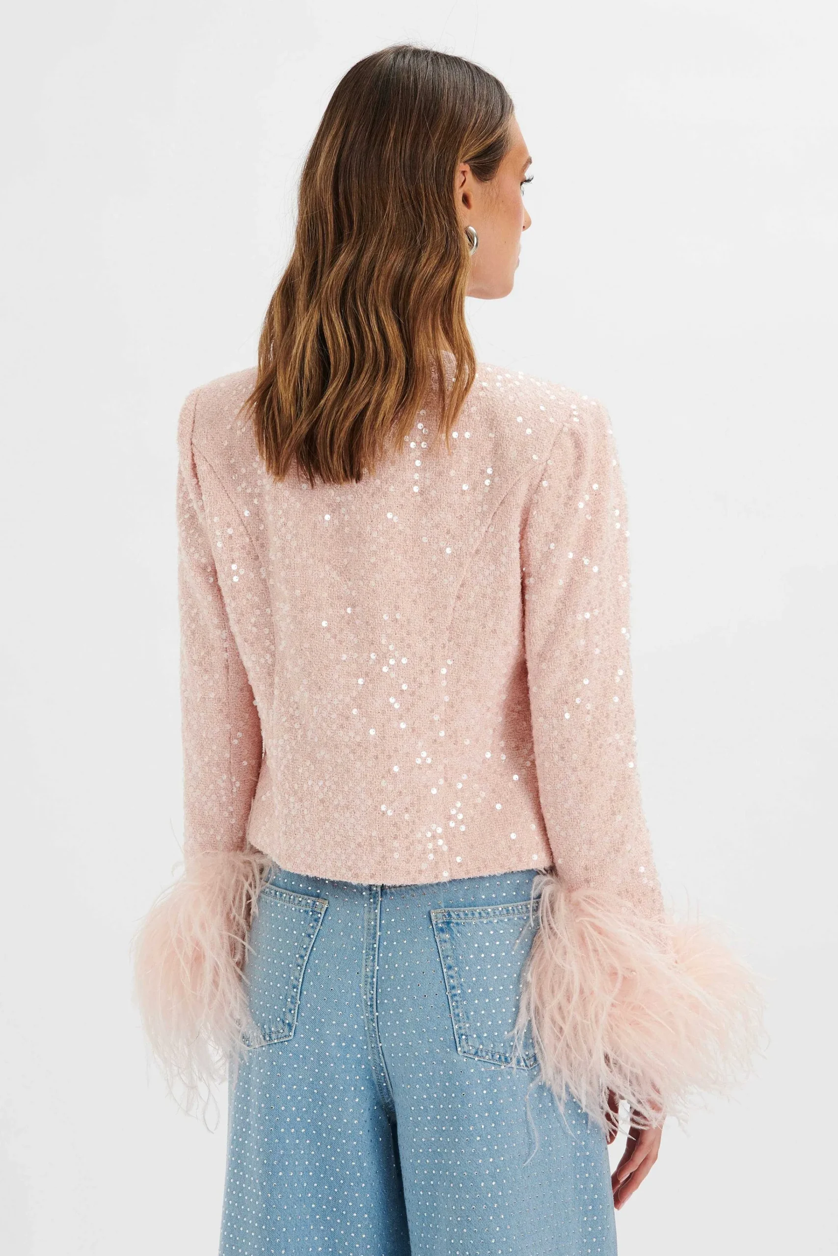 laria_sequin_boucle_jacke_0.webp Hot Lavish Alice Laria Sequin Boucle Jacket With Feather Cuffs In Pink