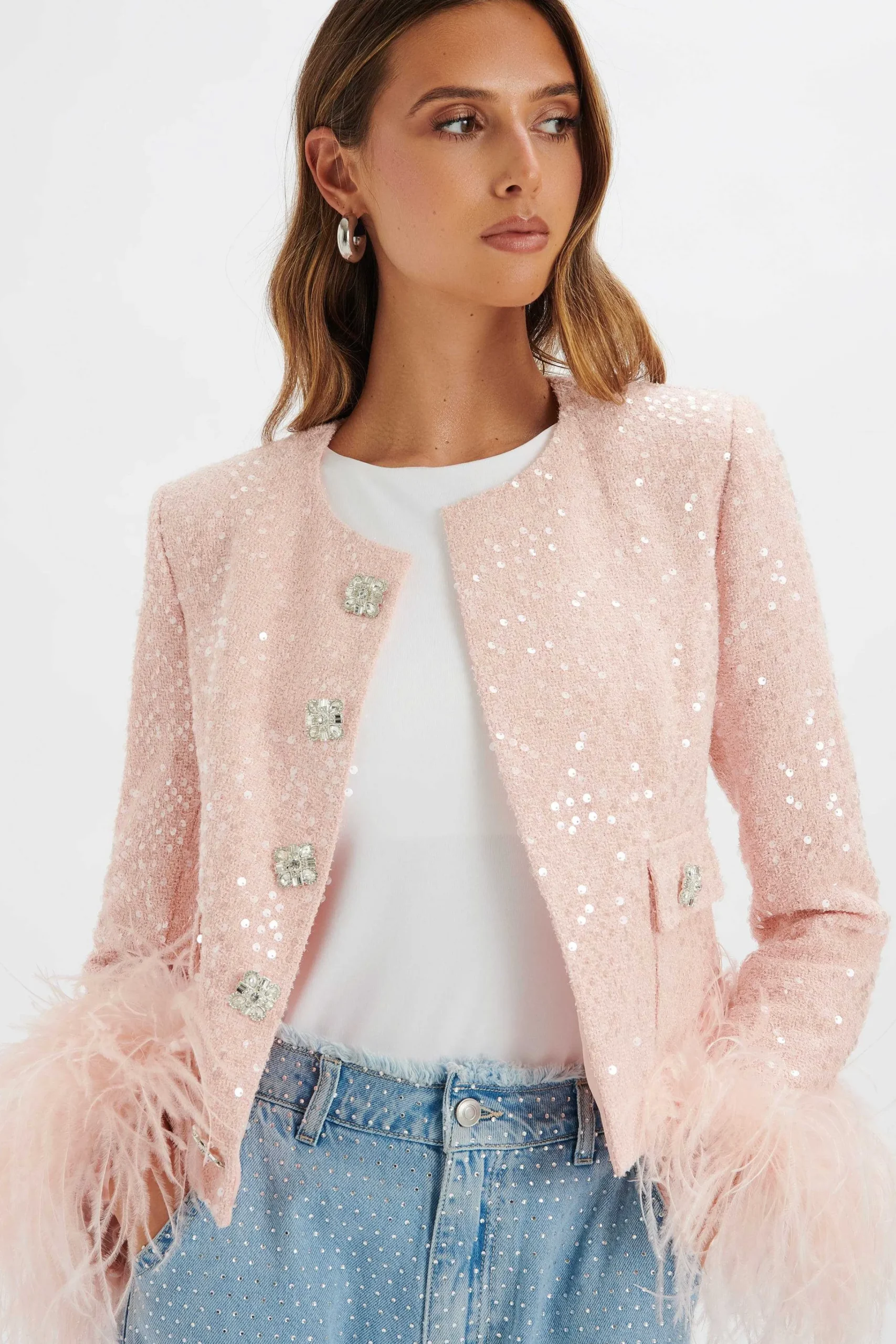 laria_sequin_boucle_jacke_1.webp Hot Lavish Alice Laria Sequin Boucle Jacket With Feather Cuffs In Pink