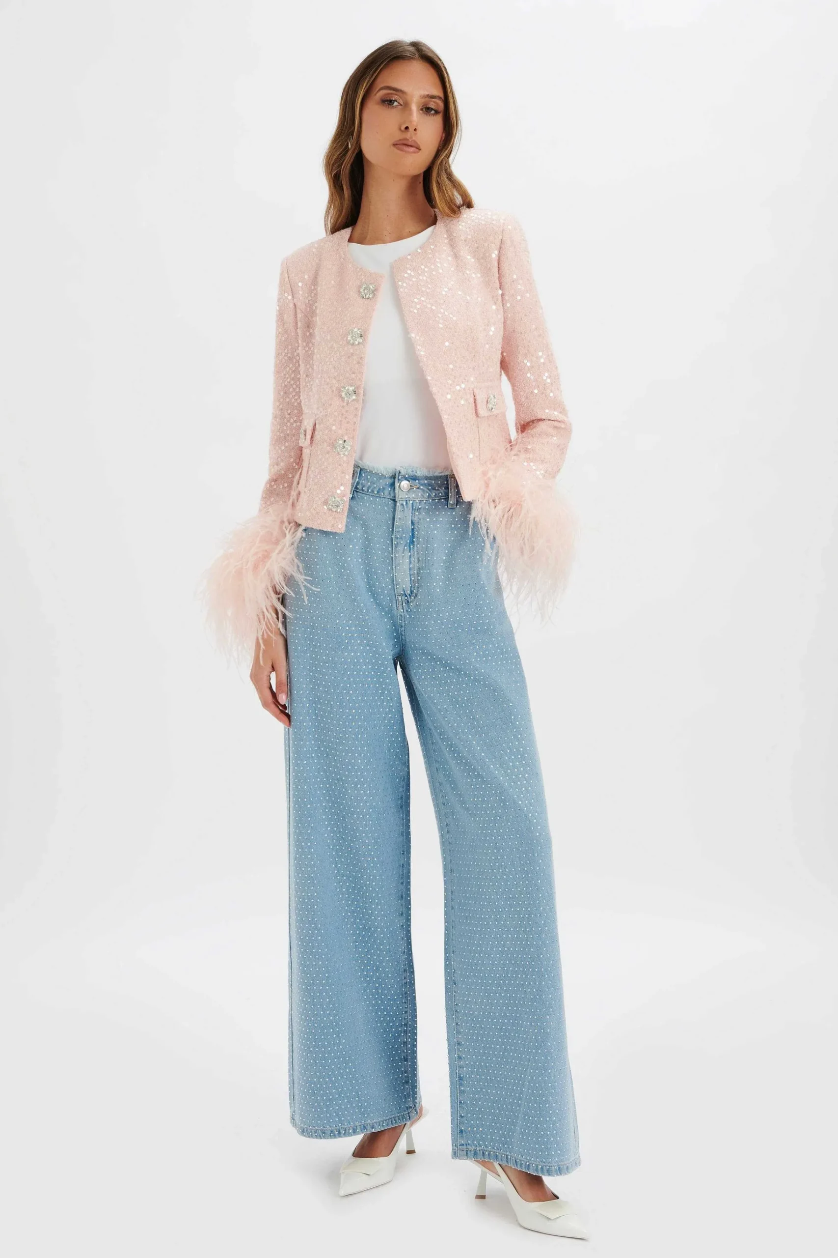 laria_sequin_boucle_jacke_2.webp Hot Lavish Alice Laria Sequin Boucle Jacket With Feather Cuffs In Pink