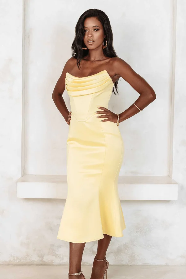 Flash Sale Lavish Alice Lucia Cowl Corset Satin Midi Dress In Yellow