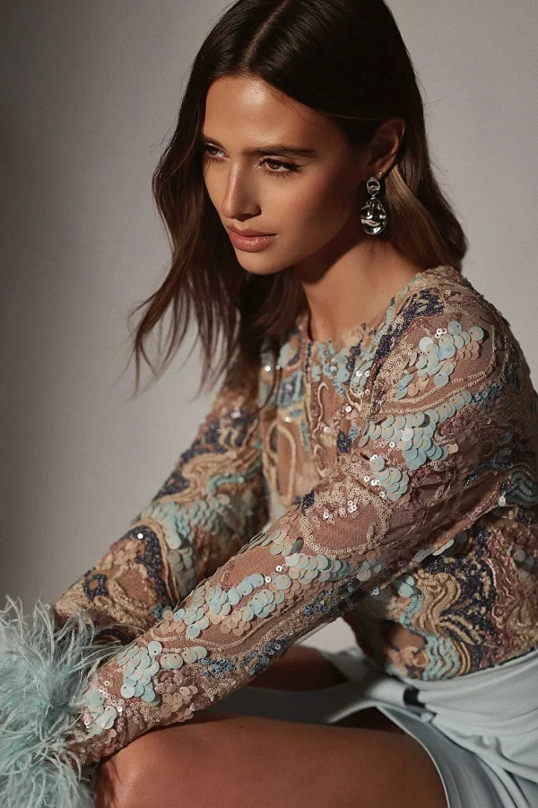 Shop Lavish Alice Medina Embellished Feather Cuff Mini Dress In Blue