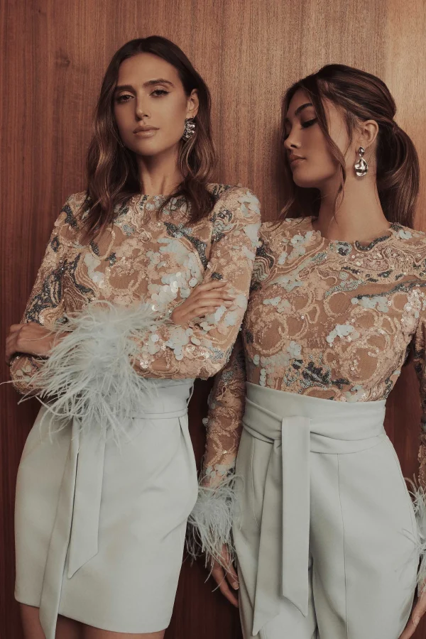 Shop Lavish Alice Medina Embellished Feather Cuff Mini Dress In Blue