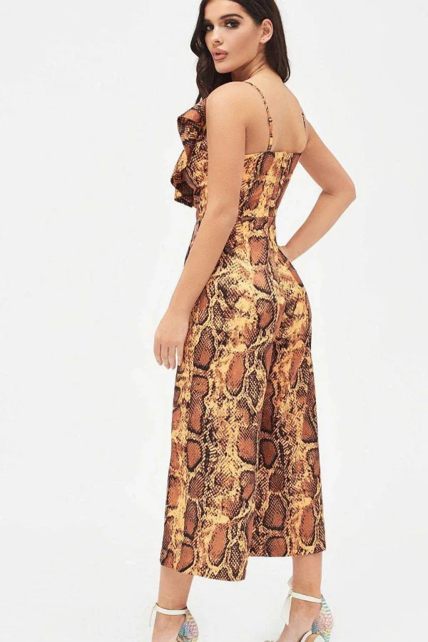 Store Lavish Alice Nora Satin Frill Wrap Culotte Jumpsuit In Golden Yellow Snake Print