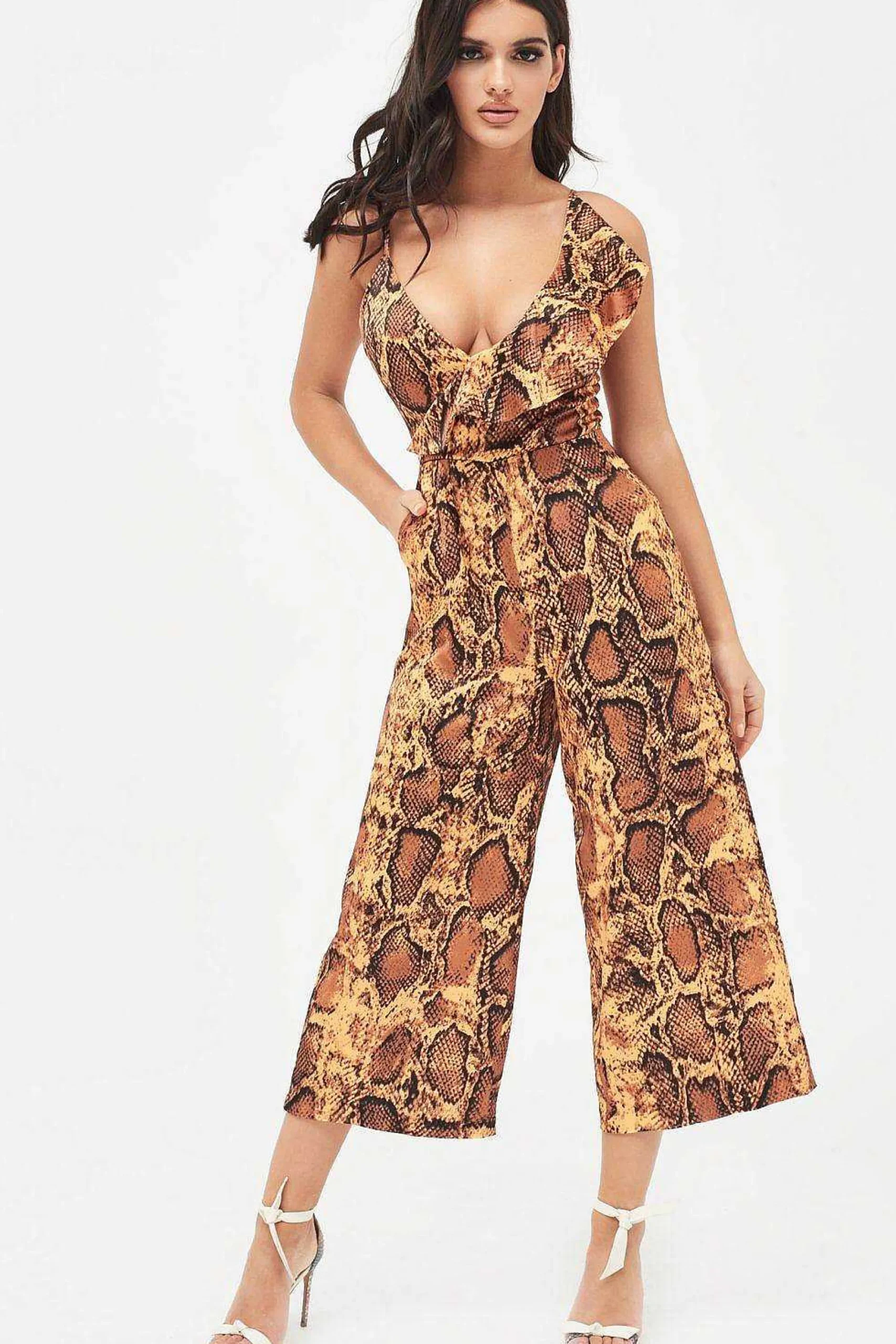 nora_satin_frill_wrap_cul_2.webp Store Lavish Alice Nora Satin Frill Wrap Culotte Jumpsuit In Golden Yellow Snake Print