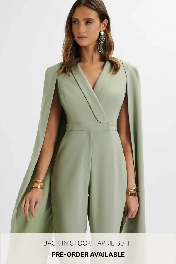 New Lavish Alice Rayna Longline Cape Tailored Jumpsuit In Sage Green