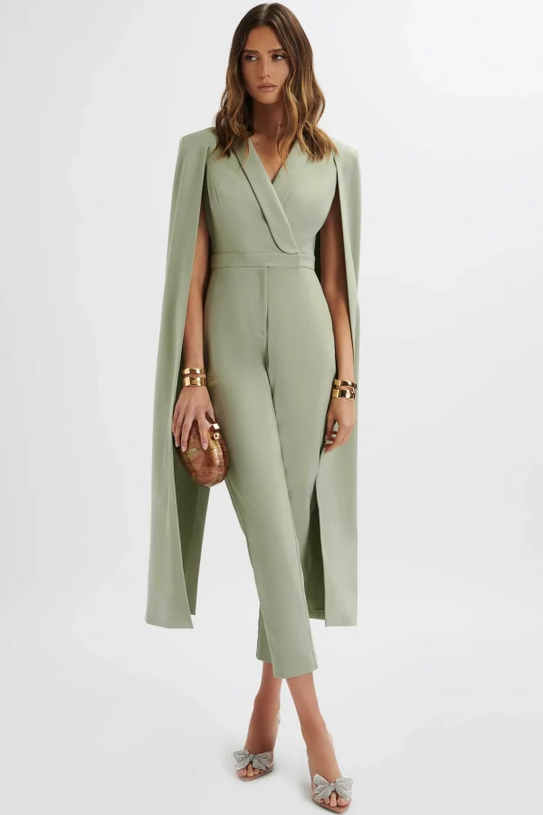New Lavish Alice Rayna Longline Cape Tailored Jumpsuit In Sage Green