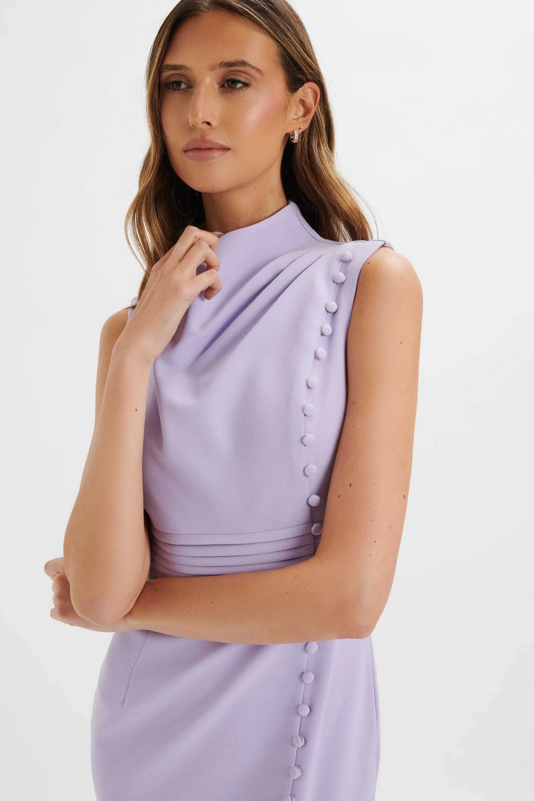 saffron_high_neck_micro_b_3.webp Best Lavish Alice Saffron High Neck Micro Button Midi Dress In Lilac