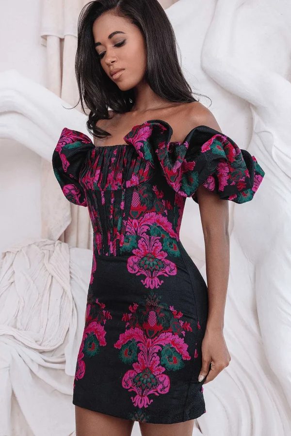 Best Sale Lavish Alice Stacia Jacquard Puff Sleeve Mini Dress In Black & Purple