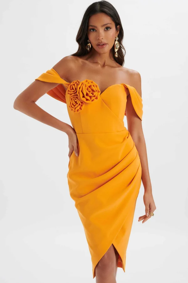 New Lavish Alice Zamira 3D Flower Detail Off Shoulder Midi Dress In Orange